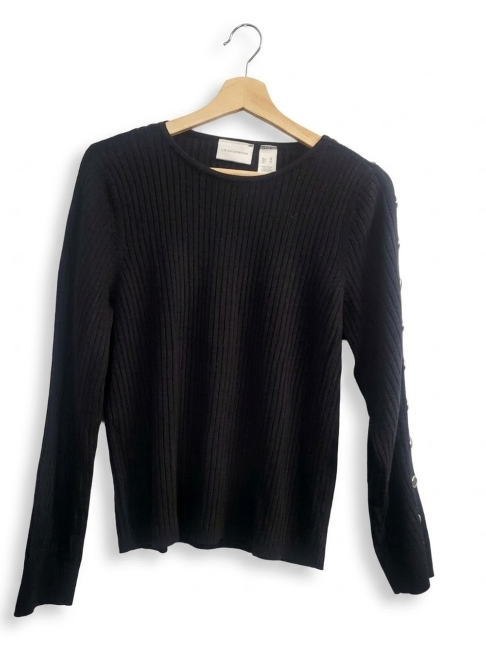 LIZ Claibourne Black XL Ribbed Sweater Button Sleeve Detail Classic Versatile